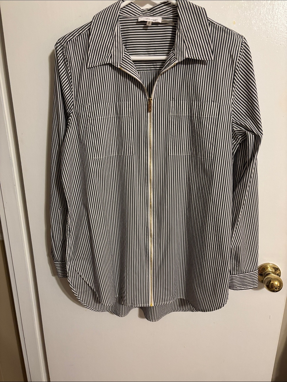 Calvin Klein striped gold tone zip front tunic high low hem top or beach cover